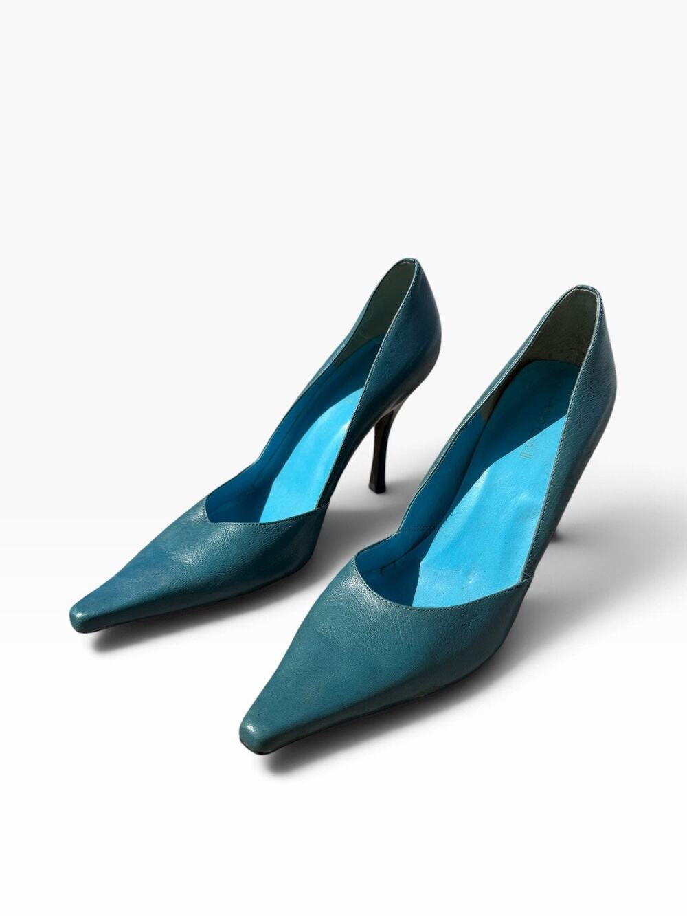 Paolo Corelli Vintage 80s Pointed toe Aqua Teal 4" heels pumps shoes Size 9